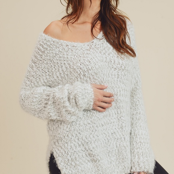 Fuzzy Sweater Top Deep V Neck - Picture 4 of 5